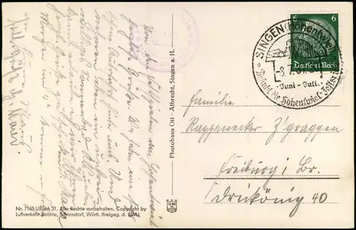 Ansichtskarte Singen (Hohentwiel) Luftbild Stadt und Hohentwiel 1937