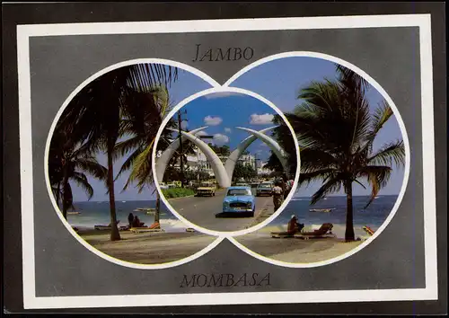 Postcard Mombasa 3 Bild: Straße, Strand 1989