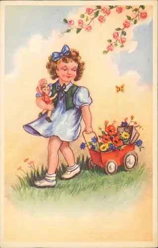 Kinder Künstlerkarte: Mädchen mit Puppe und Puppenwagen voller Blumen 1940