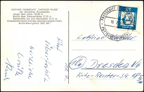 Ansichtskarte HOCHSEE-FÄHRSCHIFF THEODOR HEUSS Dampfer Steamer 1963 Bordstempel