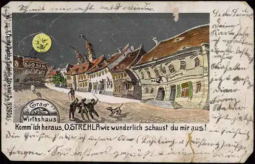 Ansichtskarte Strehla (Elbe) Wirtshaus - Betrunken bei Nacht 1902