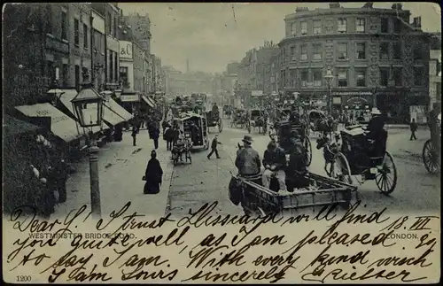 Postcard Liverpool Westminster Brigde Road, traffic 1902
