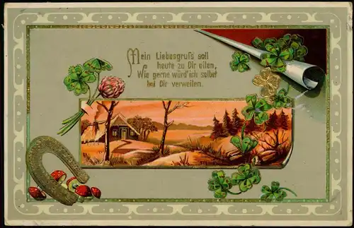 Liebe Liebespaare - Love Hufeisen Glücksklee Goldprägekarte 1912
