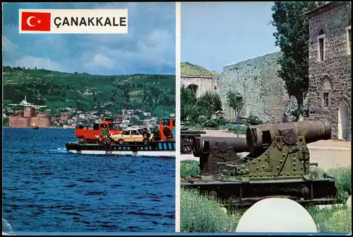 Çanakkale Mehrbildkarte mit 2 Ortsansichten, u.a. kleine Fähre 1980