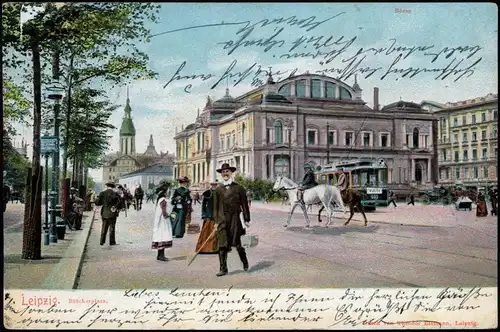 Ansichtskarte Leipzig Blücherplatz, belebt 1907  Ankunftsstempel Seifersdorf