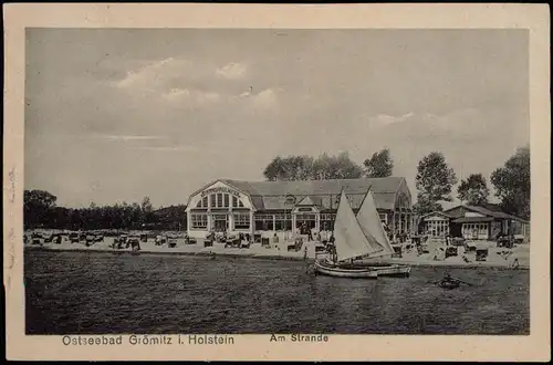 Ansichtskarte Grömitz (Holstein) Strand, Strandhalle - Segelboote 1928