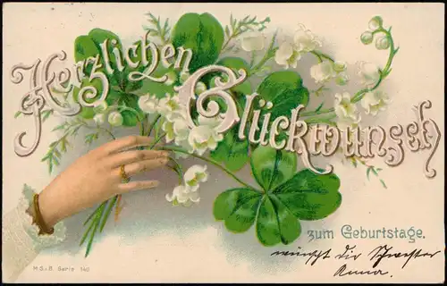 Glückwunsch Geburtstag Birthday Glücksklee, Frauenhand - Prägekarte 1904
