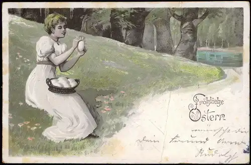 Glückwunsch Ostern / Easter Frau am Wegesrand mit Osternetz 1904