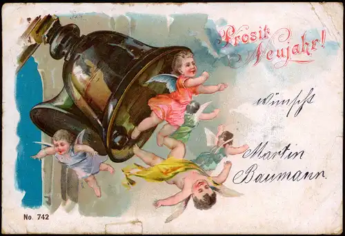 Neujahr Sylvester New Year Engel Angel fallen aus der läutenden Glocke 1902