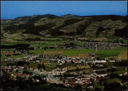 Scharnstein Luftbild, Ort im Salzkammergut, Tal vom Meisenkogel 1986