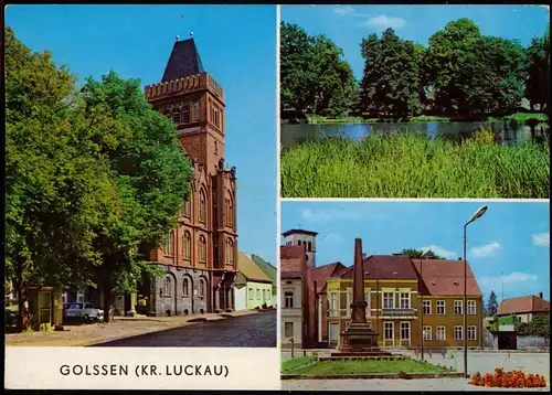 Ansichtskarte Golßen Rathaus, Küchenteich, Markt 1976