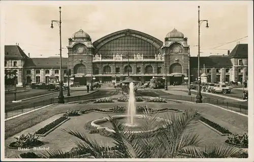 Ansichtskarte Basel Bahnhof, Autos 1940