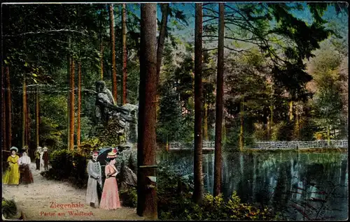 Postcard Bad Ziegenhals Głuchołazy Partie am Waldteich, Statue 1915