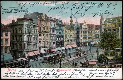 Ansichtskarte Mitte-Berlin Spittelmarkt, Geschäfte - Straßenbahn 1904