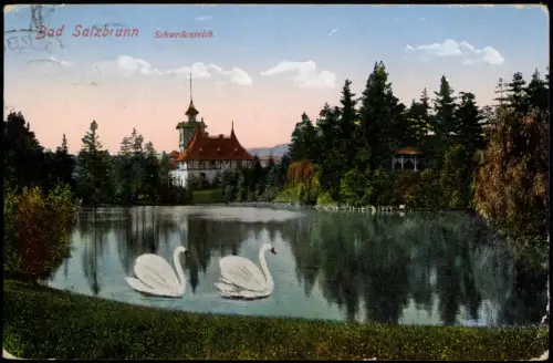 Postcard Bad Salzbrunn Szczawno-Zdrój Schwedenteich, Restaurant 1928 Stempel