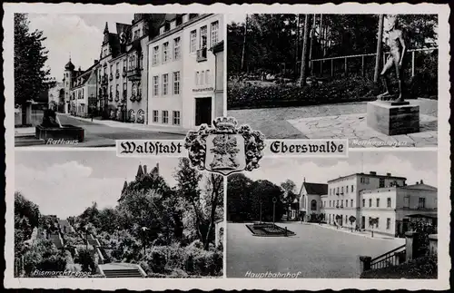 Ansichtskarte Eberswalde 4 Bild: Bahnhof, Denkmal, Bismarcktreppe 1941