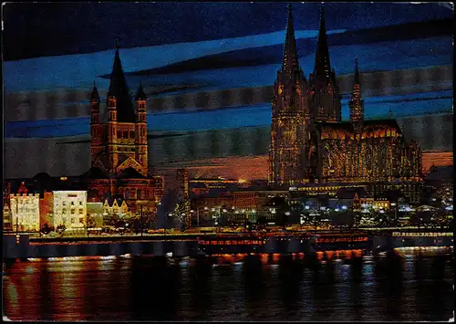 Köln Abend-Nacht-Panorama mit Dom und Gr.-St.-Martin-Kirche 1975 Silber-Effekt