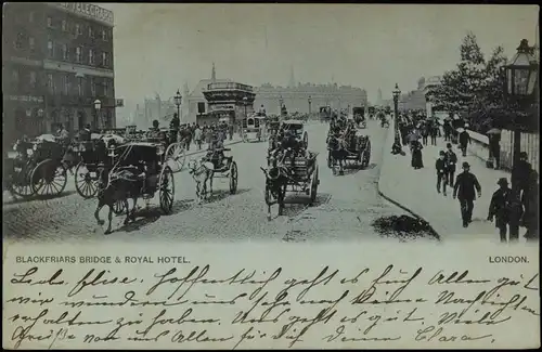London BLACKFRIARS BRIDGE & ROYAL HOTEL, Verkehr mit Pferde-Kutschen 1900