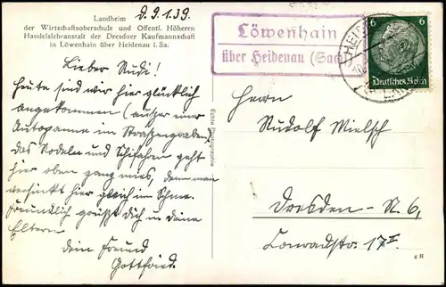 Löwenhain Altenberg (Erzgebirge) 1939 Landpoststempel "Löwenhain über Heidenau"