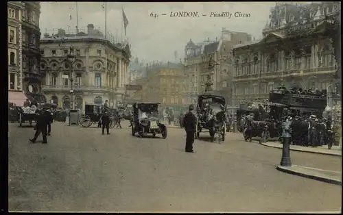 Postcard London Autos, Bus, Verkehr am Picadilly Circus 1910