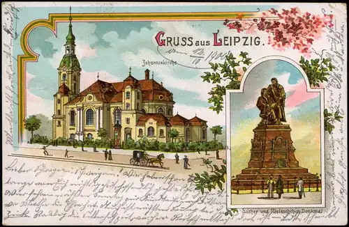 Leipzig Litho-Ansichtskarte mit Johanniskirche u. Luther Melanchton Denkmal 1900