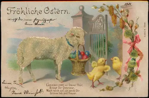 Glückwunsch Ostern Easter Lamm mit Küken und Korb voller Ostereier 1901