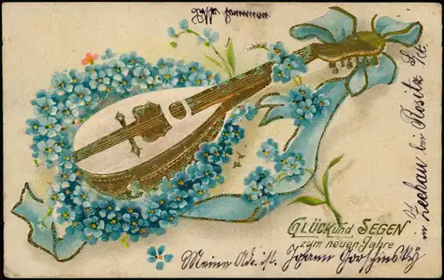Neujahr Sylvester New Year Veilchen Gitarre Gold-Prägekarte 1905