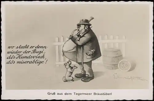 Tegernsee (Stadt) Bräustüberl Wandbild wo steckt er denn wieder der Buzi 1932
