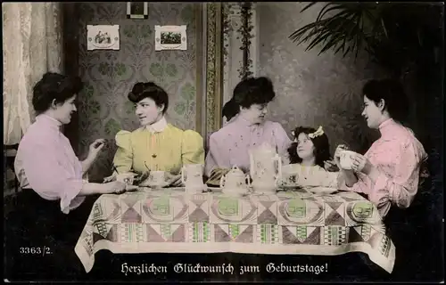 Glückwunsch Geburtstag Birthday Fotokunst Frauen und Mädchen am Kaffeetisch 1911