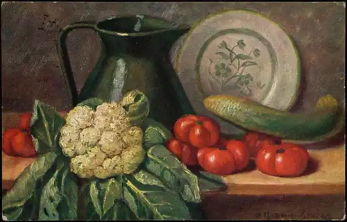Ansichtskarte  Künstlerkarte Stillleben Tongeschirr Gemüse 1925