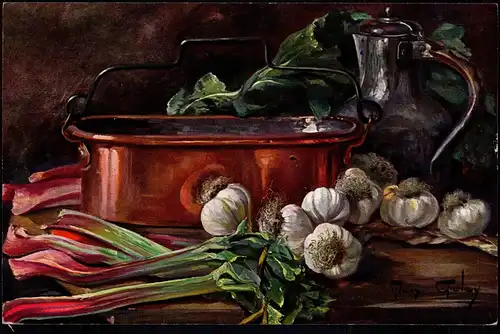 Ansichtskarte  Künstlerkarte Stillleben Knoblauch Messinggeschirr 1925