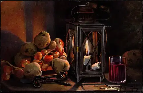 Ansichtskarte  Künstlerkarte Stillleben Stimmungsbild Obst Lampe 1925