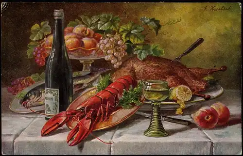 Glückwunsch Geburtstag Birthday Stillleben Hummer Braten Wein 1924