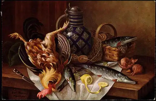 Ansichtskarte  Künstlerkarte Stillleben Fisch Karaffe Hahn 1925