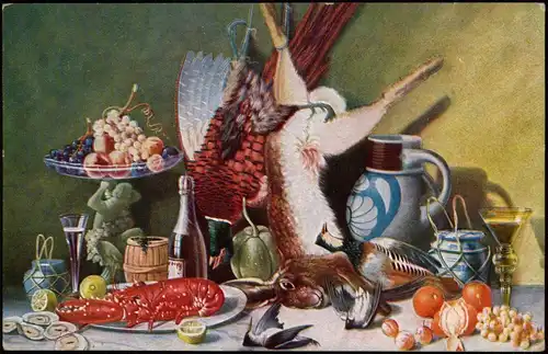 Ansichtskarte  Künstlerkarte Stillleben Trauben, Hummer, Hase 1920