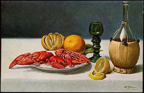 Ansichtskarte  Künstlerkarte Stillleben Hummer, Orange, Wein 1925