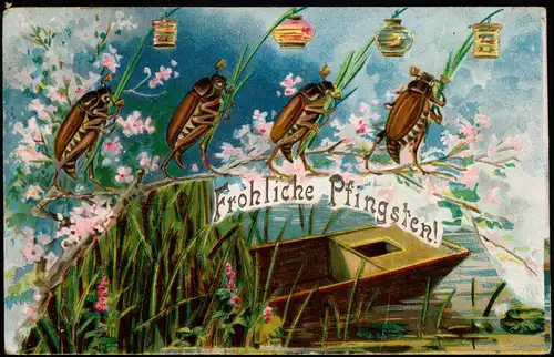 Glückwunsch: Pfingsten Pfingstkäfer mit Laternen Prägekarte 1905