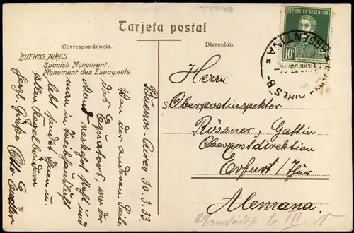 Postcard Buenos Aires Monumento de los Españoles. 1933  gel. Briefmarke
