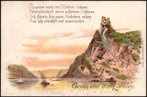 St. Goarshausen Künstler Litho - Frau Loreleyfelsen am Rhein 1897