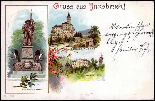 Litho AK Innsbruck Gruss aus... Schloss Ambras, Berg Jsel, Hofer-Denkmal 1897