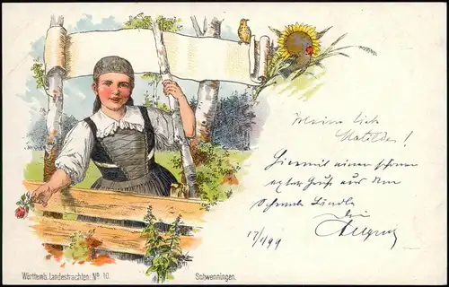 Litho AK  Villingen-Schwenningen Württemb. Landestrachten Frau Sonnenblume 1898