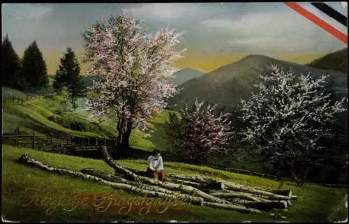 Glückwunsch: Pfingsten Frau auf Birkenstämmen Baumblüte Patriotika 1915