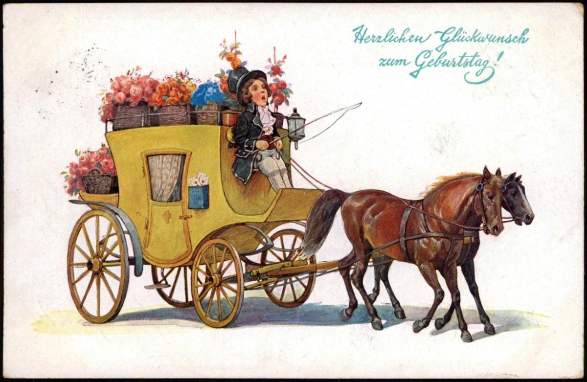 Glückwunsch Geburtstag Birthday Junge auf Kutsche voller Blumen 1914 Nr