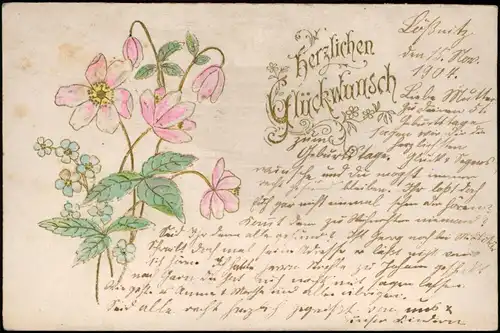 Glückwunsch Geburtstag Birthday Wildblumen Gold-Prägekarte 1904
