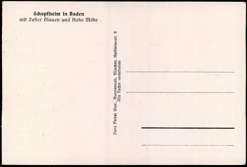 Schopfheim mit Zeller Blauen und Hohe Möhr - Künstlerkarte 1932 Pernat-Karte: