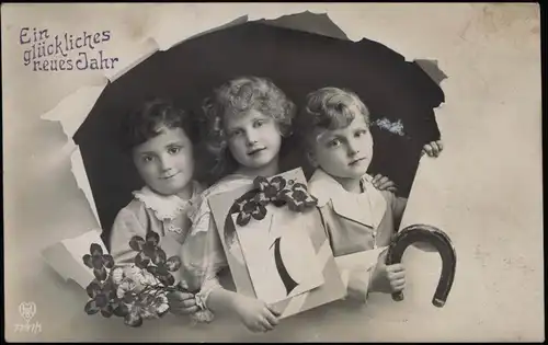 Neujahr Sylvester New Year Fotokunst Kinder Glücksklee Hufeisen 1915