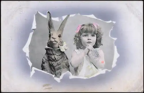Glückwunsch Ostern / Easter Fotokunst Mädchen und Riesen-Osterhase 1913