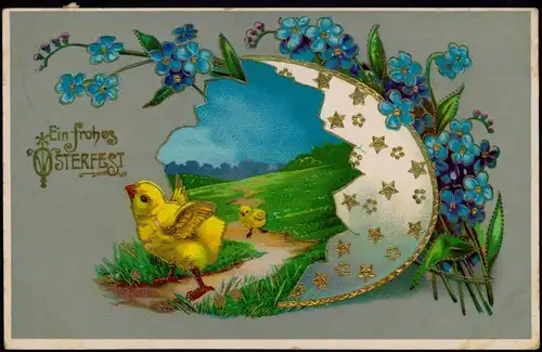 Glückwunsch Ostern / Easter Goldprägekarte Küken Wiese Riesen-Ei 1910