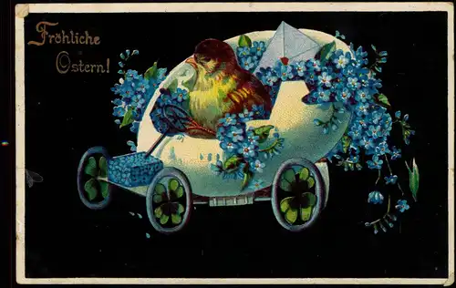 Glückwunsch Ostern / Easter Küken im Osterei-Automobil Veilchen 1910