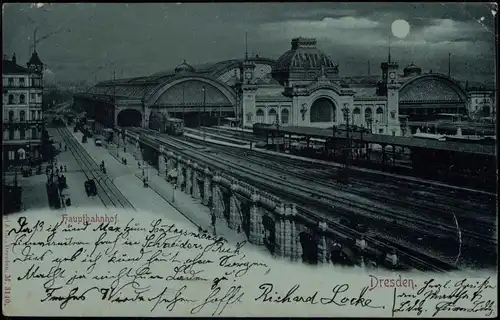 Seevorstadt-Dresden Hauptbahnhof, Rückansicht - Mondscheinlitho 1899